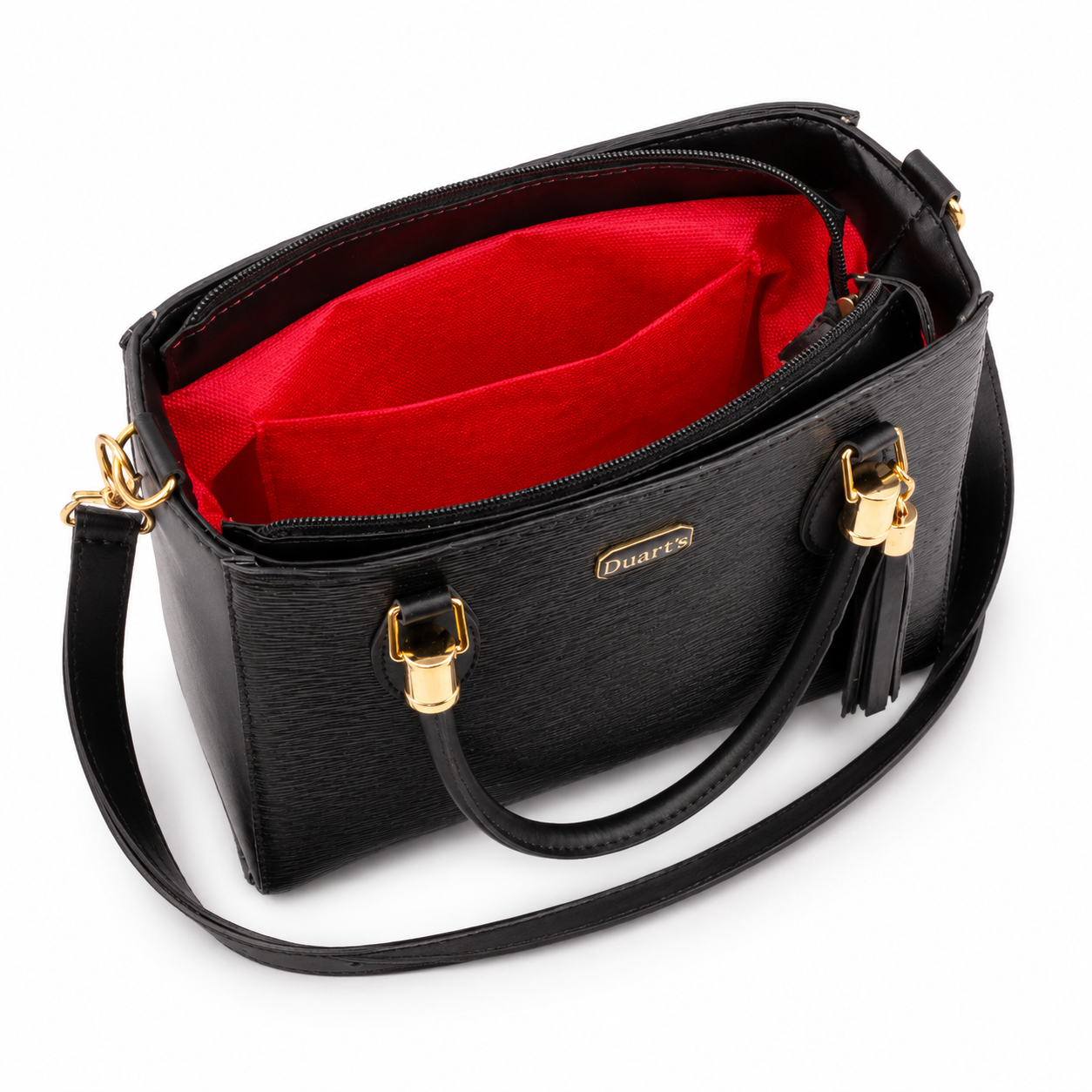 Interior vermelho da bolsa preta