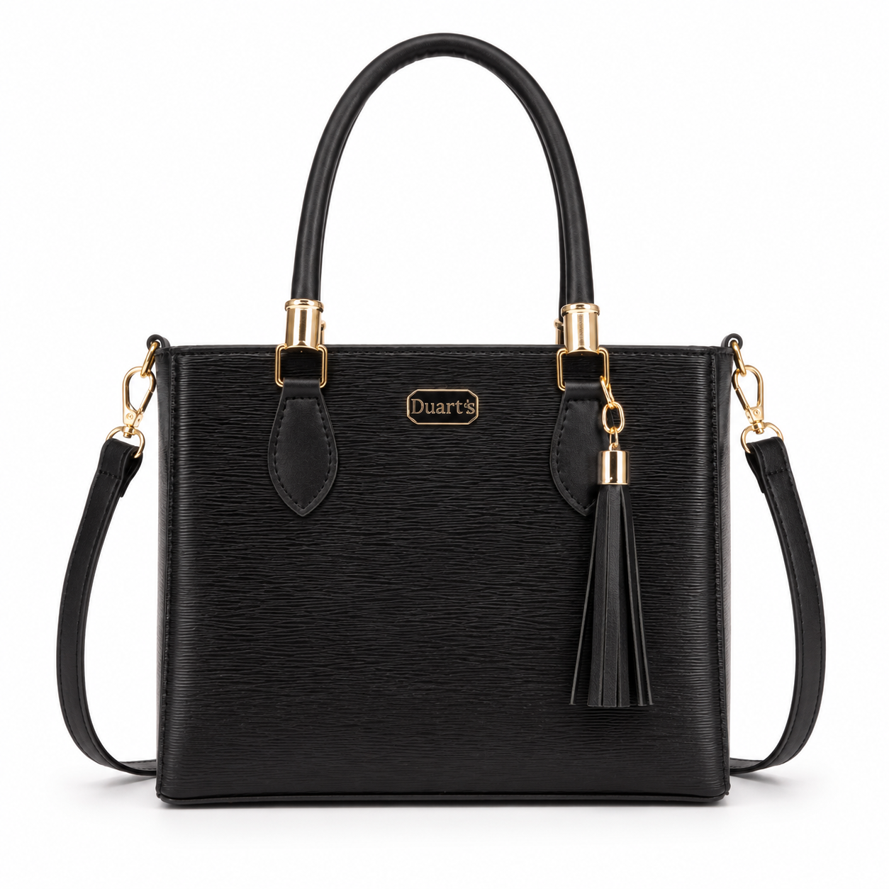 Bolsa preta frontal com detalhes dourados